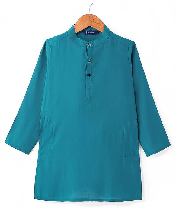 Pine Kids Woven Full Sleeves Solid Kurta Pyjama Set with Floral Embroidered Jacket - Teal Blue