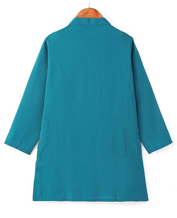 Pine Kids Woven Full Sleeves Solid Kurta Pyjama Set with Floral Embroidered Jacket - Teal Blue