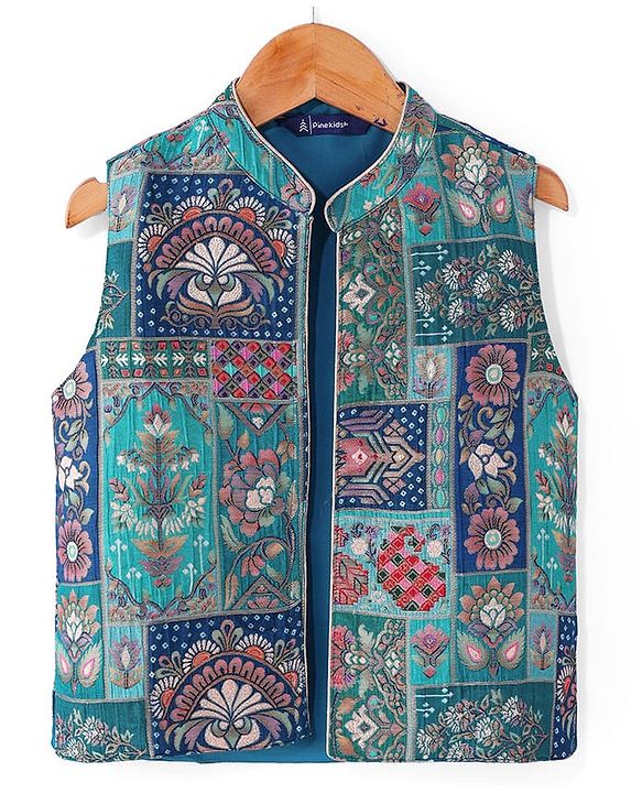 Pine Kids Woven Full Sleeves Solid Kurta Pyjama Set with Floral Embroidered Jacket - Teal Blue