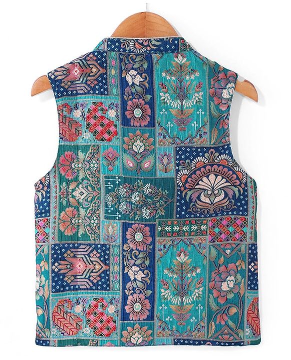 Pine Kids Woven Full Sleeves Solid Kurta Pyjama Set with Floral Embroidered Jacket - Teal Blue