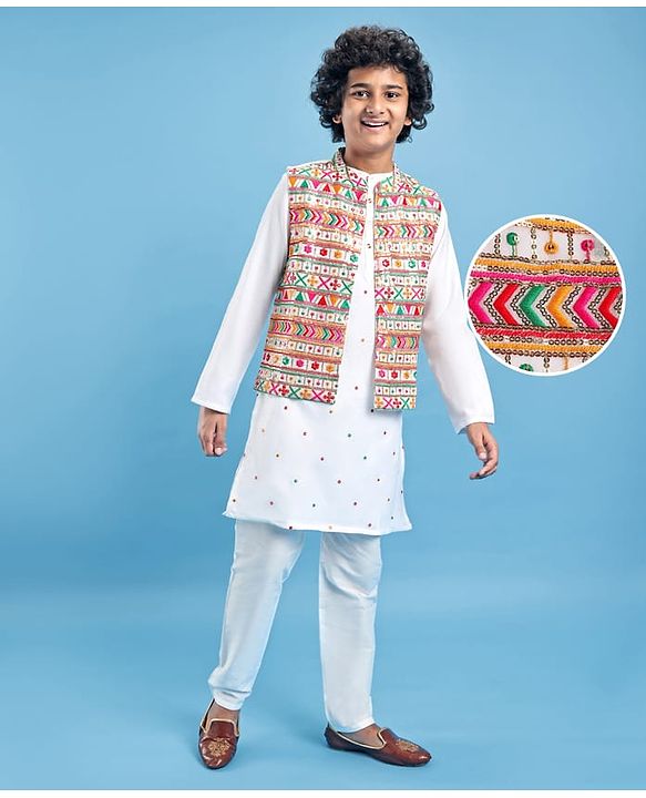 Pine Kids Woven Full Sleeves Kurta Pyjama Set with Sequin Embroidered Jacket - White