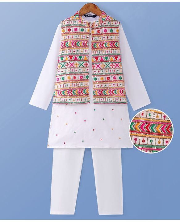 Pine Kids Woven Full Sleeves Kurta Pyjama Set with Sequin Embroidered Jacket - White