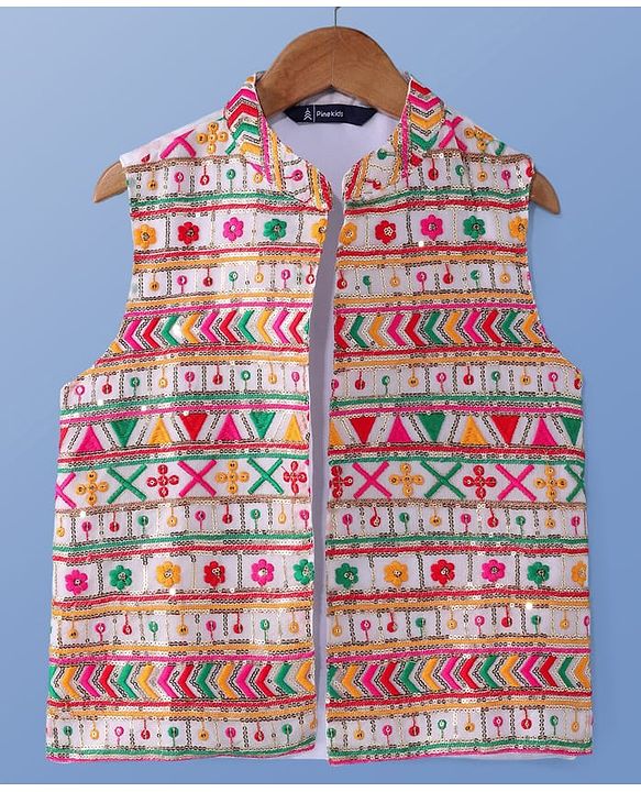 Pine Kids Woven Full Sleeves Kurta Pyjama Set with Sequin Embroidered Jacket - White