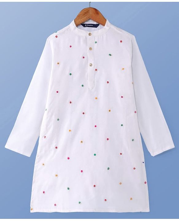 Pine Kids Woven Full Sleeves Kurta Pyjama Set with Sequin Embroidered Jacket - White
