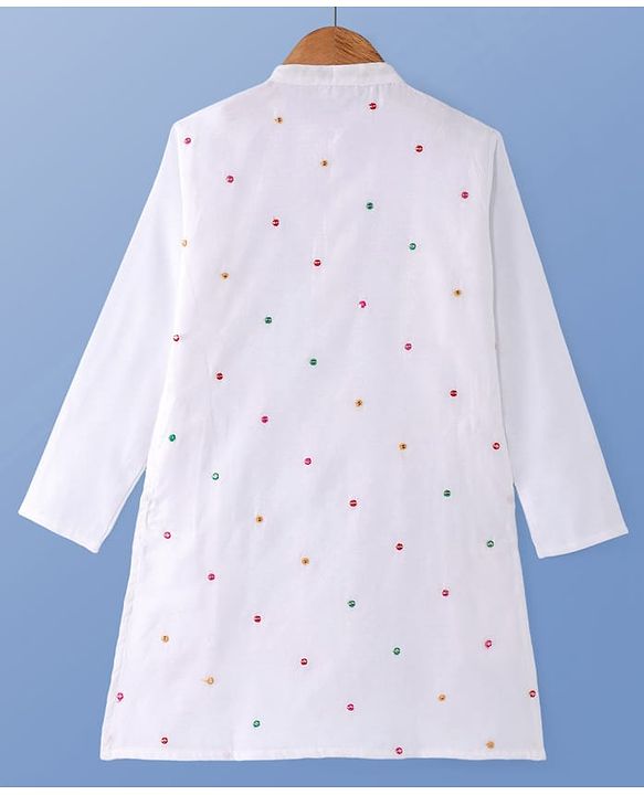 Pine Kids Woven Full Sleeves Kurta Pyjama Set with Sequin Embroidered Jacket - White