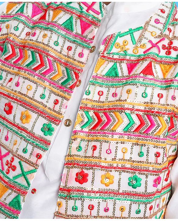 Pine Kids Woven Full Sleeves Kurta Pyjama Set with Sequin Embroidered Jacket - White