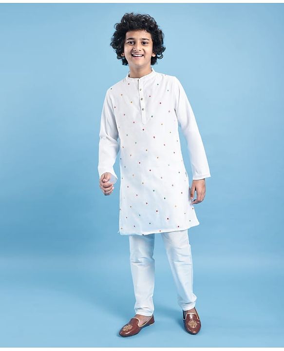 Pine Kids Woven Full Sleeves Kurta Pyjama Set with Sequin Embroidered Jacket - White