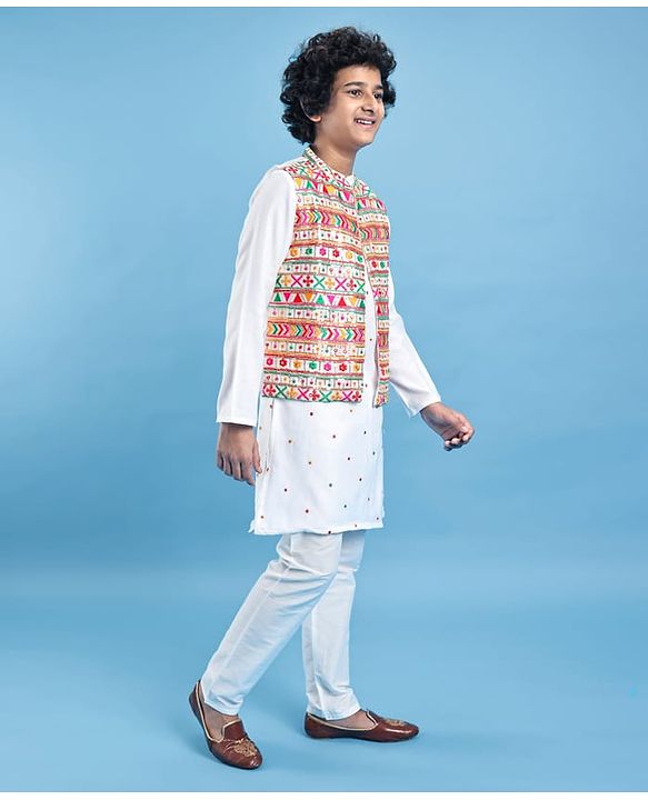 Pine Kids Woven Full Sleeves Kurta Pyjama Set with Sequin Embroidered Jacket - White