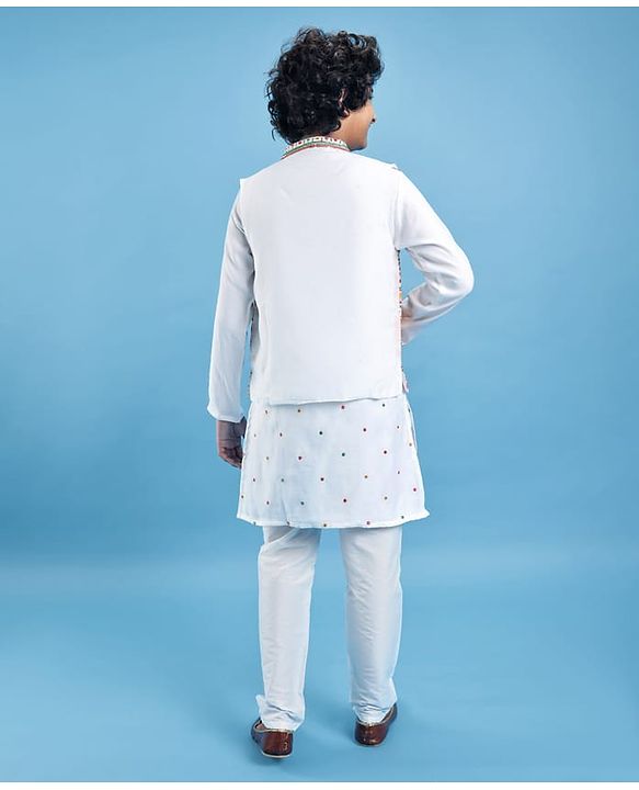 Pine Kids Woven Full Sleeves Kurta Pyjama Set with Sequin Embroidered Jacket - White