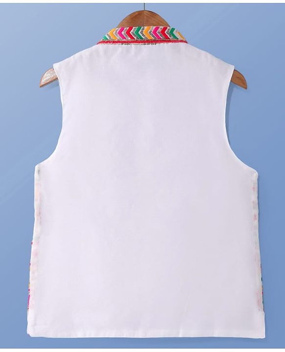Pine Kids Woven Full Sleeves Kurta Pyjama Set with Sequin Embroidered Jacket - White
