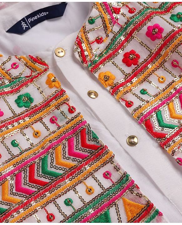 Pine Kids Woven Full Sleeves Kurta Pyjama Set with Sequin Embroidered Jacket - White