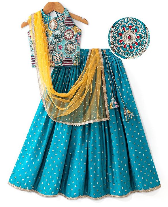 Pine Kids Woven Sleeveless Halter Neck Floral Embroidered Choli Lahenga Set with Dupatta- Teal Blue