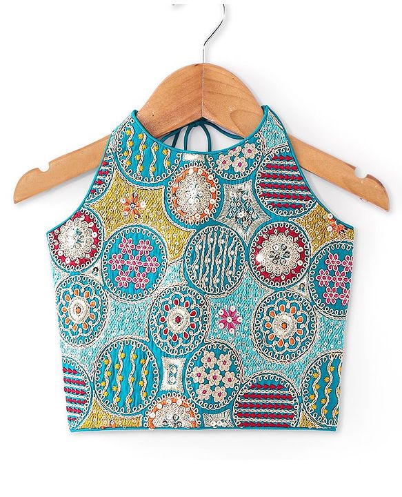 Pine Kids Woven Sleeveless Halter Neck Floral Embroidered Choli Lahenga Set with Dupatta- Teal Blue