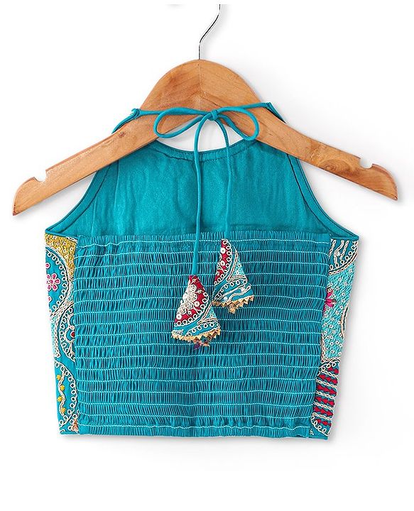 Pine Kids Woven Sleeveless Halter Neck Floral Embroidered Choli Lahenga Set with Dupatta- Teal Blue
