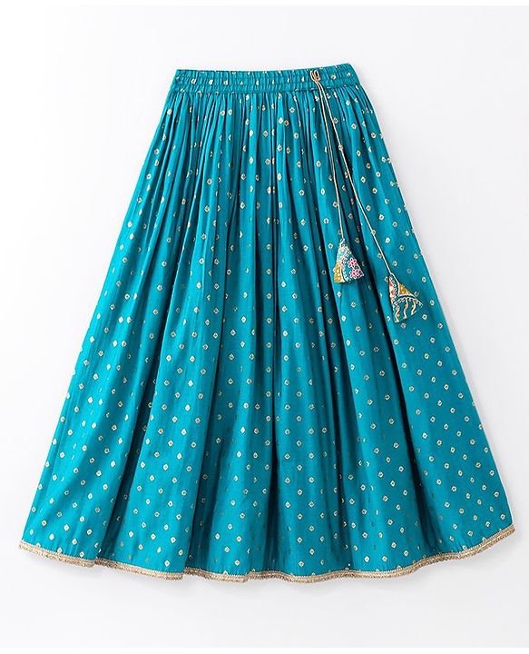 Pine Kids Woven Sleeveless Halter Neck Floral Embroidered Choli Lahenga Set with Dupatta- Teal Blue