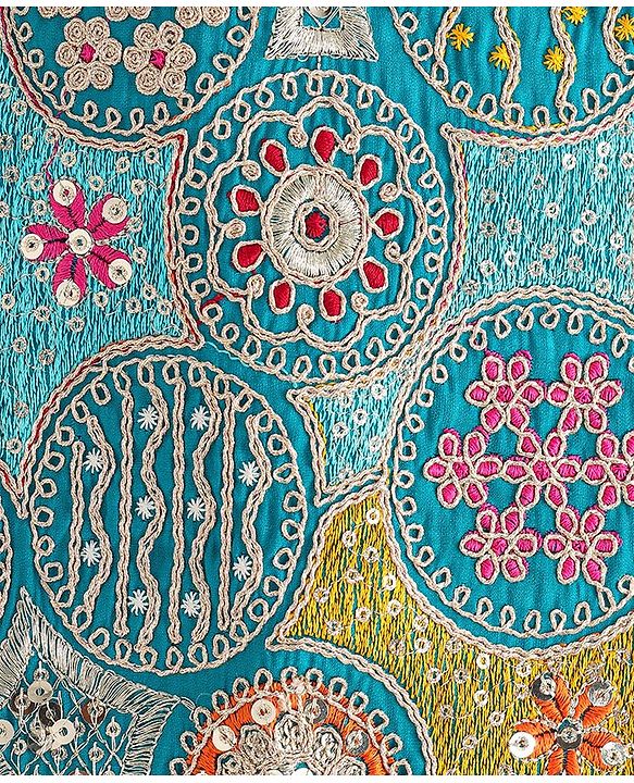 Pine Kids Woven Sleeveless Halter Neck Floral Embroidered Choli Lahenga Set with Dupatta- Teal Blue