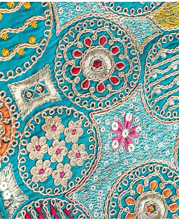 Pine Kids Woven Sleeveless Halter Neck Floral Embroidered Choli Lahenga Set with Dupatta- Teal Blue