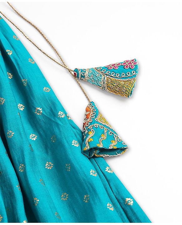 Pine Kids Woven Sleeveless Halter Neck Floral Embroidered Choli Lahenga Set with Dupatta- Teal Blue