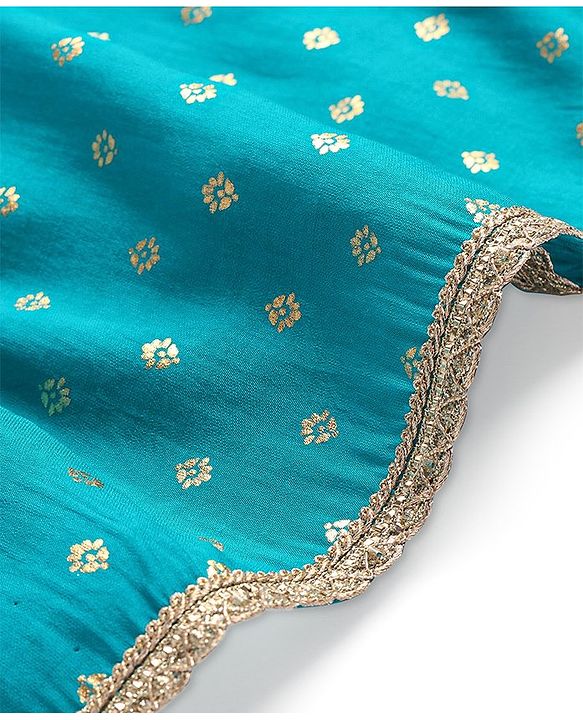 Pine Kids Woven Sleeveless Halter Neck Floral Embroidered Choli Lahenga Set with Dupatta- Teal Blue