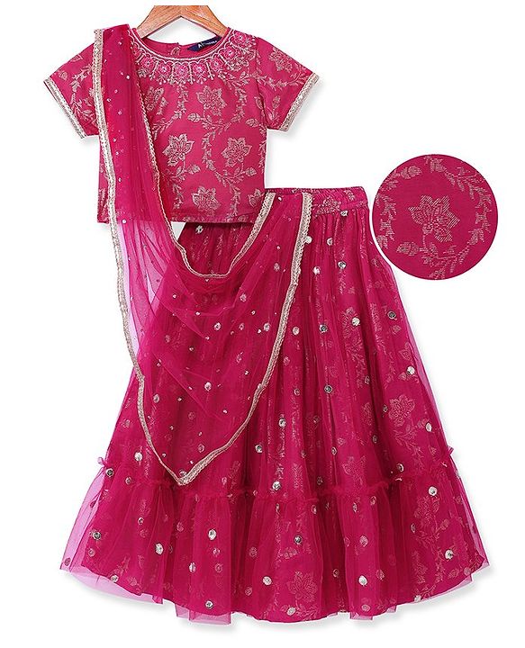 Pine Kids Woven Half Sleeves Choli Lehenga & Dupatta Set with Sequin Embroidery - Pink