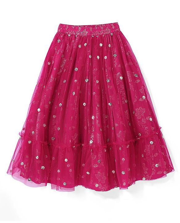 Pine Kids Woven Half Sleeves Choli Lehenga & Dupatta Set with Sequin Embroidery - Pink