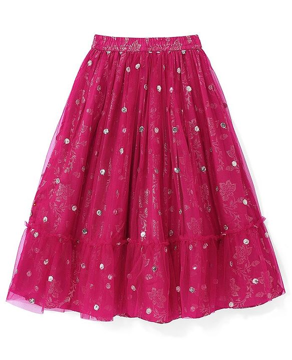 Pine Kids Woven Half Sleeves Choli Lehenga & Dupatta Set with Sequin Embroidery - Pink