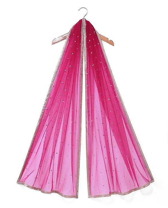 Pine Kids Woven Half Sleeves Choli Lehenga & Dupatta Set with Sequin Embroidery - Pink