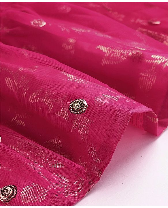 Pine Kids Woven Half Sleeves Choli Lehenga & Dupatta Set with Sequin Embroidery - Pink