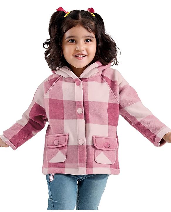 Babyhug Woven Full Raglan Sleeves Checkered Hooded Coat - Pink