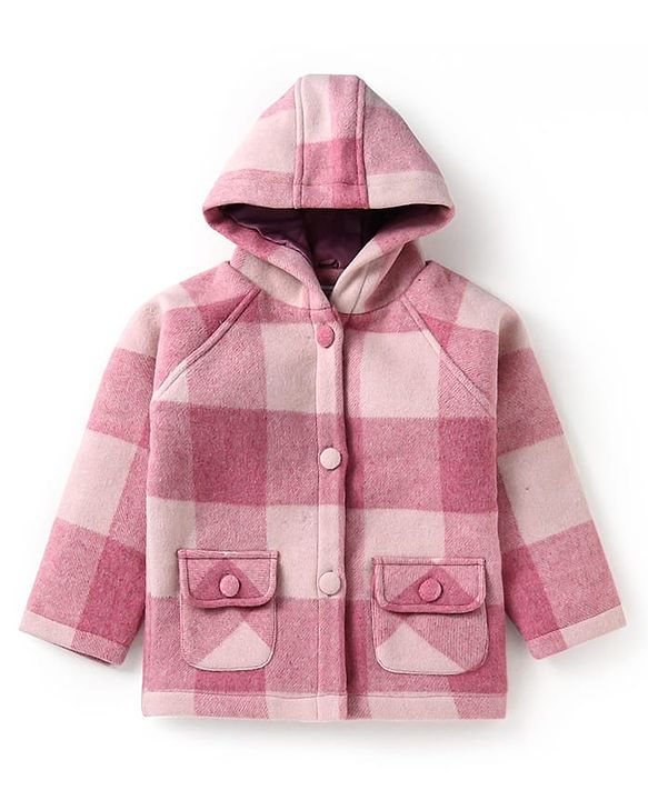 Babyhug Woven Full Raglan Sleeves Checkered Hooded Coat - Pink