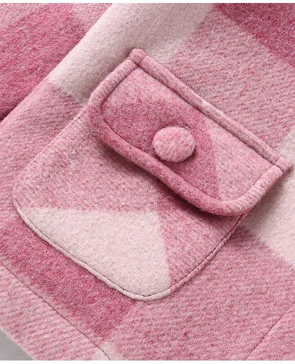 Babyhug Woven Full Raglan Sleeves Checkered Hooded Coat - Pink
