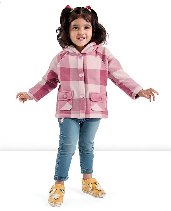 Babyhug Woven Full Raglan Sleeves Checkered Hooded Coat - Pink