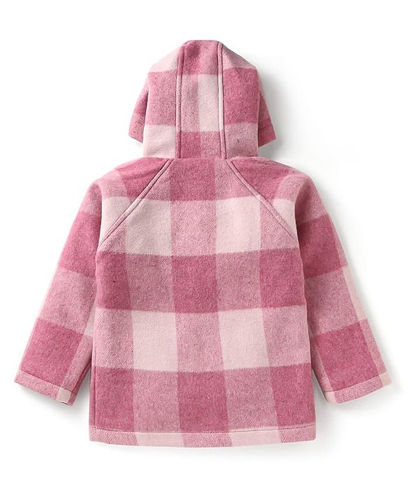 Babyhug Woven Full Raglan Sleeves Checkered Hooded Coat - Pink