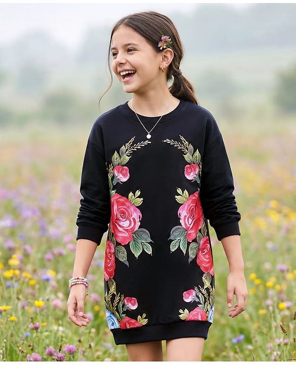 Pine Kids Cotton Knit Full Drop Shoulder Sleeves  Sweatshirt Dress With Floral Print - Black