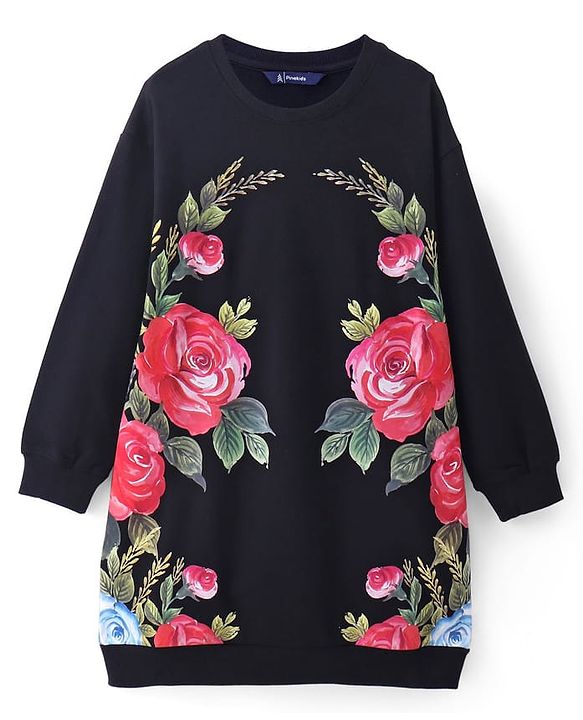 Pine Kids Cotton Knit Full Drop Shoulder Sleeves  Sweatshirt Dress With Floral Print - Black