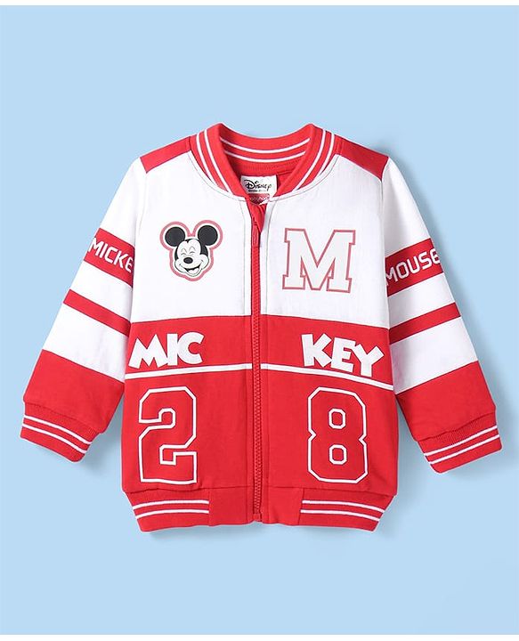 Babyhug Disney Terry Knitted Full Sleeves Bomber Jacket With Mickey Mouse Design - Red & White