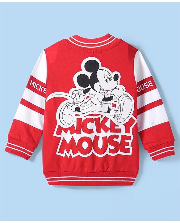 Babyhug Disney Terry Knitted Full Sleeves Bomber Jacket With Mickey Mouse Design - Red & White