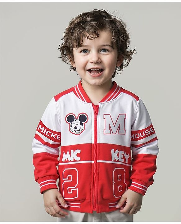 Babyhug Disney Terry Knitted Full Sleeves Bomber Jacket With Mickey Mouse Design - Red & White
