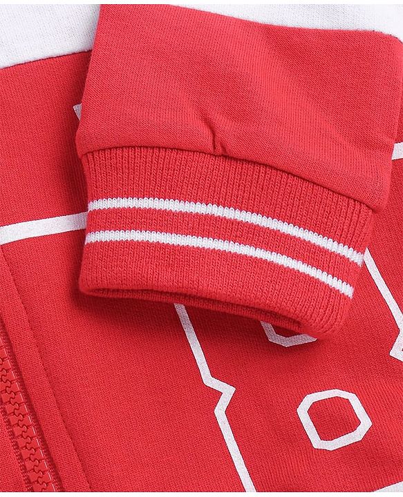 Babyhug Disney Terry Knitted Full Sleeves Bomber Jacket With Mickey Mouse Design - Red & White
