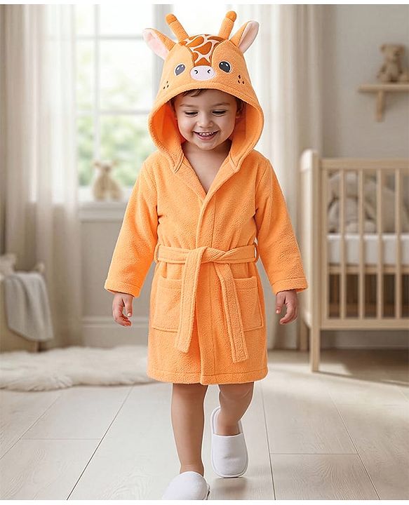 Babyhug Cotton Woven Full Sleeves Hooded Bath Robe With Giraffe Applique - Orange