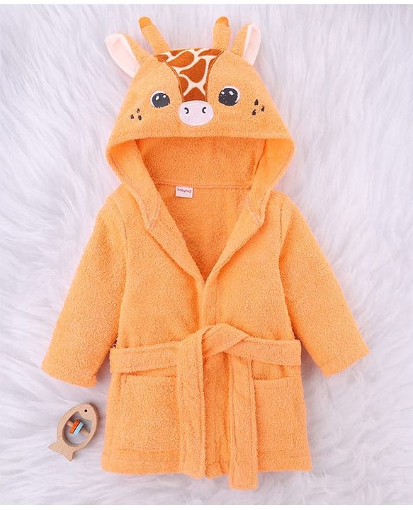 Babyhug Cotton Woven Full Sleeves Hooded Bath Robe With Giraffe Applique - Orange