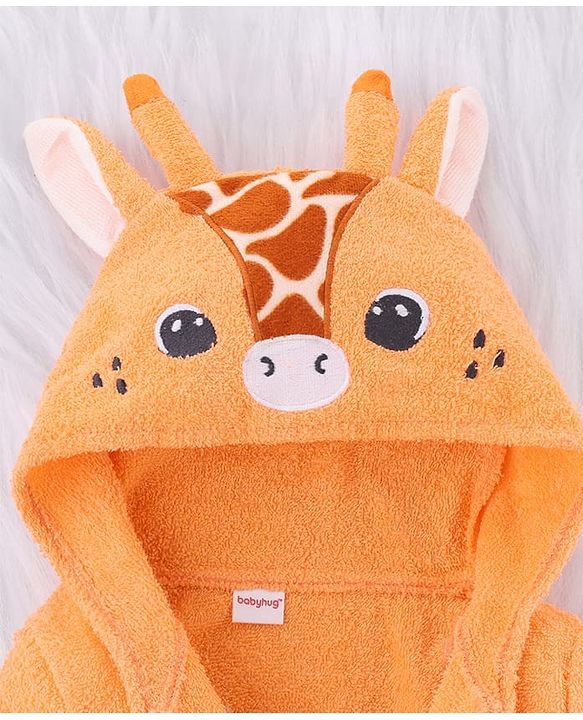 Babyhug Cotton Woven Full Sleeves Hooded Bath Robe With Giraffe Applique - Orange