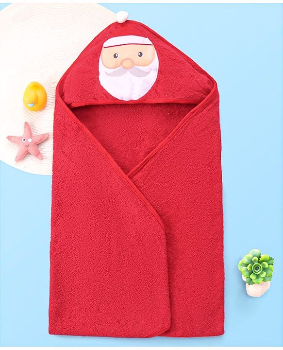 Babyhug Cotton Woven Hooded Towel With Santa Patch Embroidery 72 x B 72 cm - Red