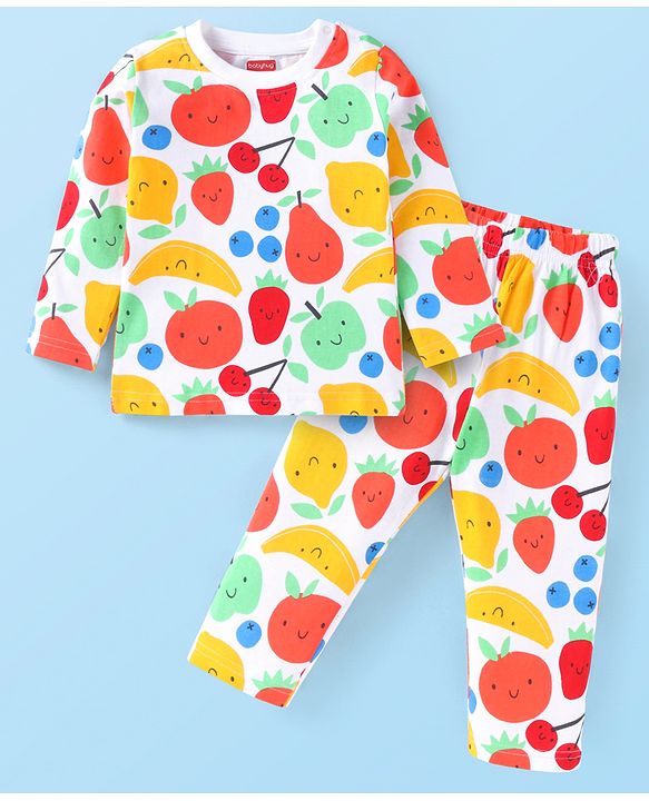 Babyhug Cotton Knit Full Sleeves Night Suit Fruits Print -  White