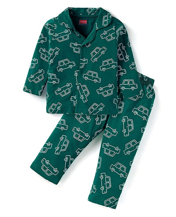 Babyhug Cotton Knit Full Sleeves Night Suit With Vehicles Print - Dark Green