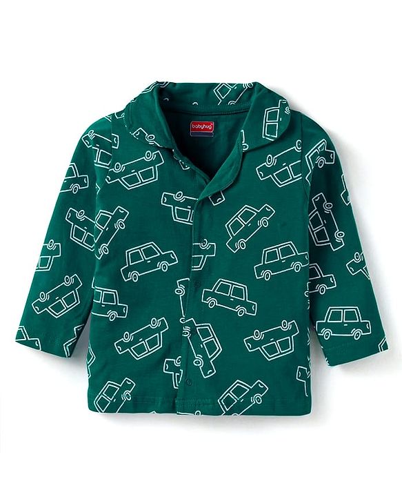 Babyhug Cotton Knit Full Sleeves Night Suit With Vehicles Print - Dark Green