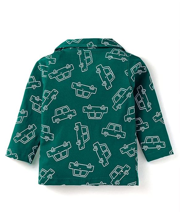Babyhug Cotton Knit Full Sleeves Night Suit With Vehicles Print - Dark Green