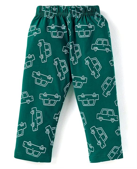 Babyhug Cotton Knit Full Sleeves Night Suit With Vehicles Print - Dark Green