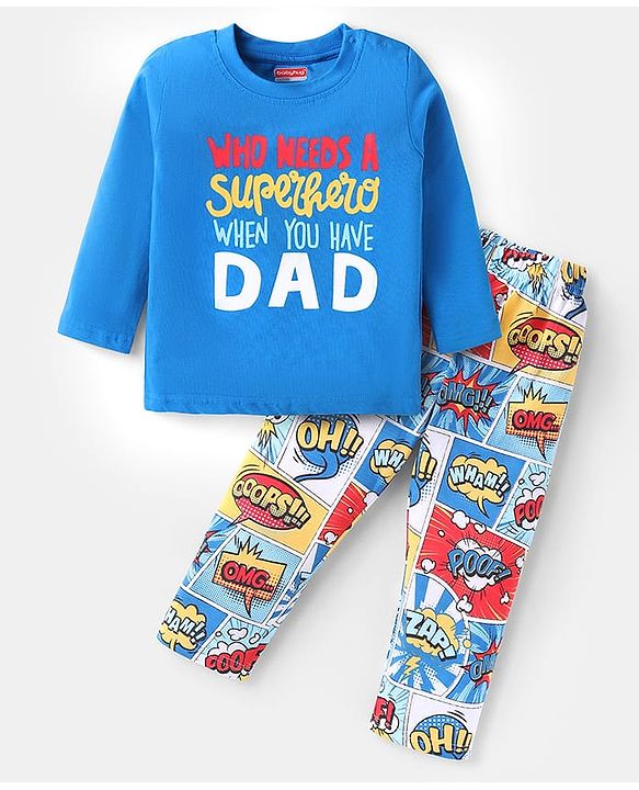 Babyhug Cotton Knit Full Sleeves Night Suit With Text Print - Blue