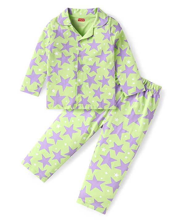 Babyhug Cotton Knit Full Sleeves Front Open Night Suit Star Print - Neon Green